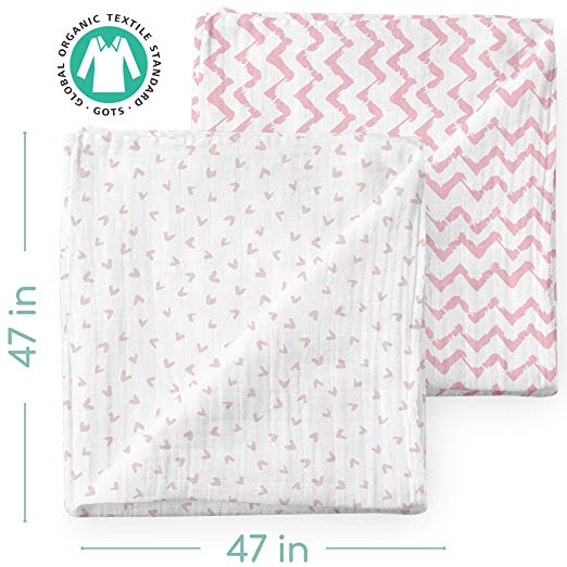 Muslin Swaddle Blanket - Pink Hearts & Chevrons (set of 2)