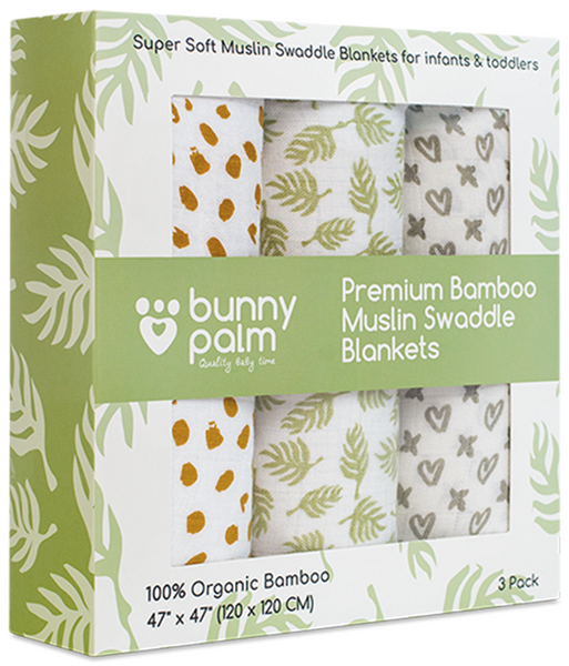 Bunny Palm Muslin Swaddle Blanket Green Mustard Grey set of 3